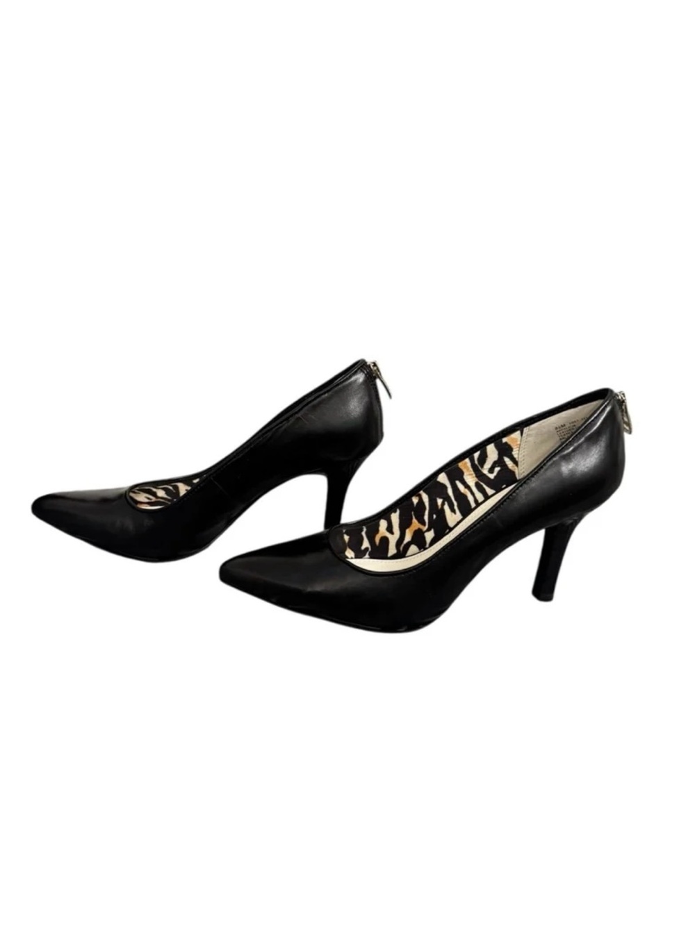 Anne Klein Iflex Pumps 8.5 Black Leather Pointed Toe Kitten Heel Zip Back